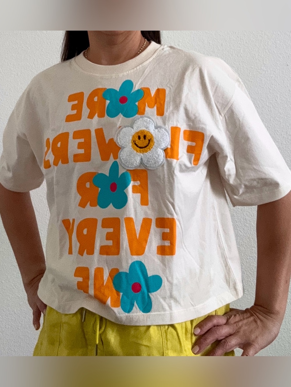 Light Yellow Graphic Tee with Orange & Blue Flower Print